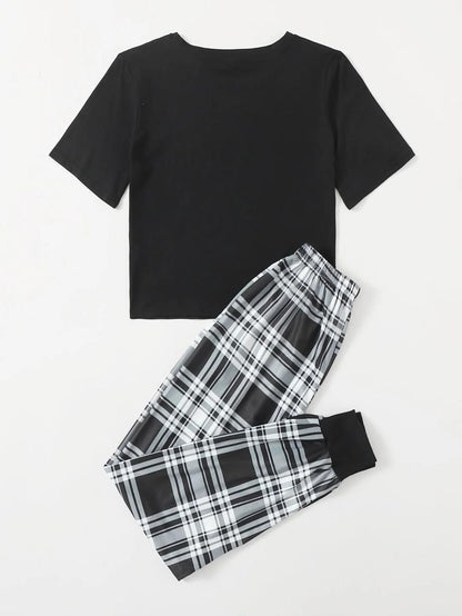 Black Good Things Ahead Printed Half Sleeves T-shirt With Check Printed Trouser Suit (RX-178)