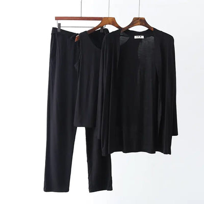 Plain Black Three Pcs Full Sleeves Night Suit for her (RX-136)