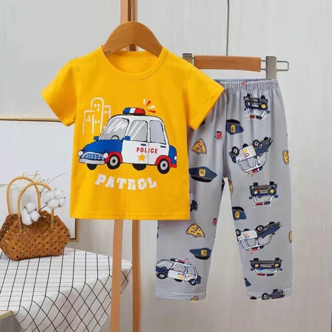 Baby or Baba Yellow Car Print Half Sleeves T-shirt With Printed Pajama