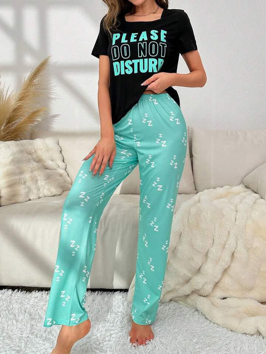 Black Please Do Not Disturb Printed Half Sleeves T-shirt With Printed Trouser Suit (RX-179)