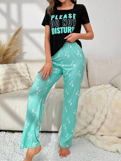 Black Please Do Not Disturb Printed Half Sleeves T-shirt With Printed Trouser Suit (RX-179)