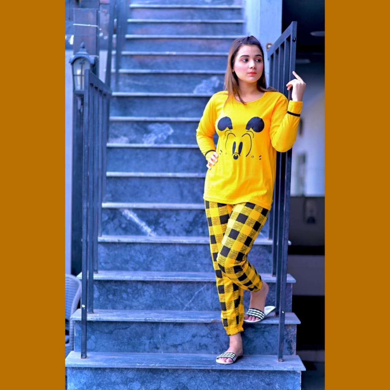 Yellow Mickey Mouse with Check Style Pajama Full Sleeves Night Suit for her (RX-34)