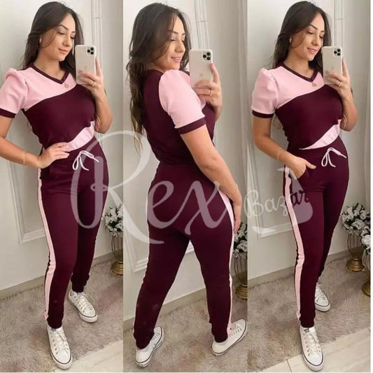 Pink With Maroon Panel Half Sleeves T Shirt with Panel Pajama Suit for her (RX-163)