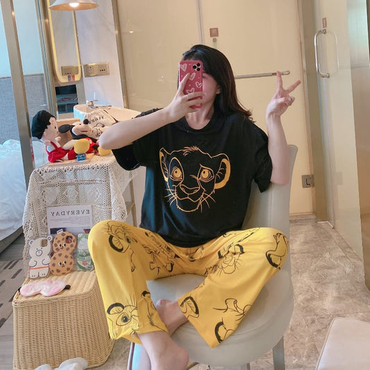 Black and Yellow SIMBA print T-shirt with Printed Pajama Half Sleeves Night Suit for her (RX-26)