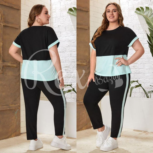 Black With Blue Straight Panel Half Sleeves T Shirt with Panel Pajama Suit for her (RX-166)