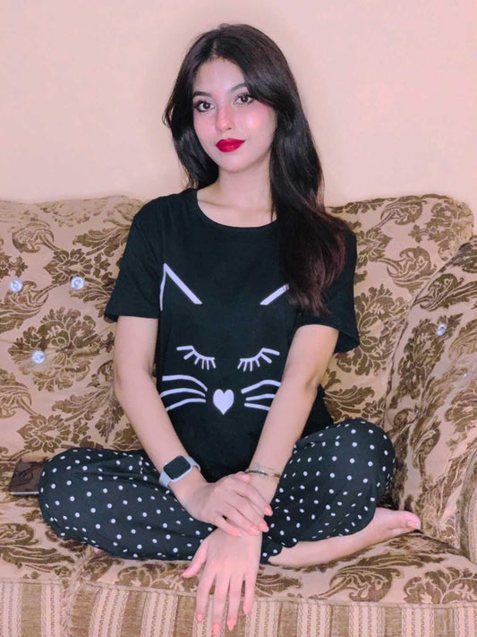Black Meow Print Half Sleeves T-shirt With Dotted Pajama Night Suit (RX-02)