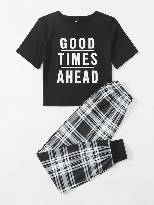 Black Good Things Ahead Printed Half Sleeves T-shirt With Check Printed Trouser Suit (RX-178)