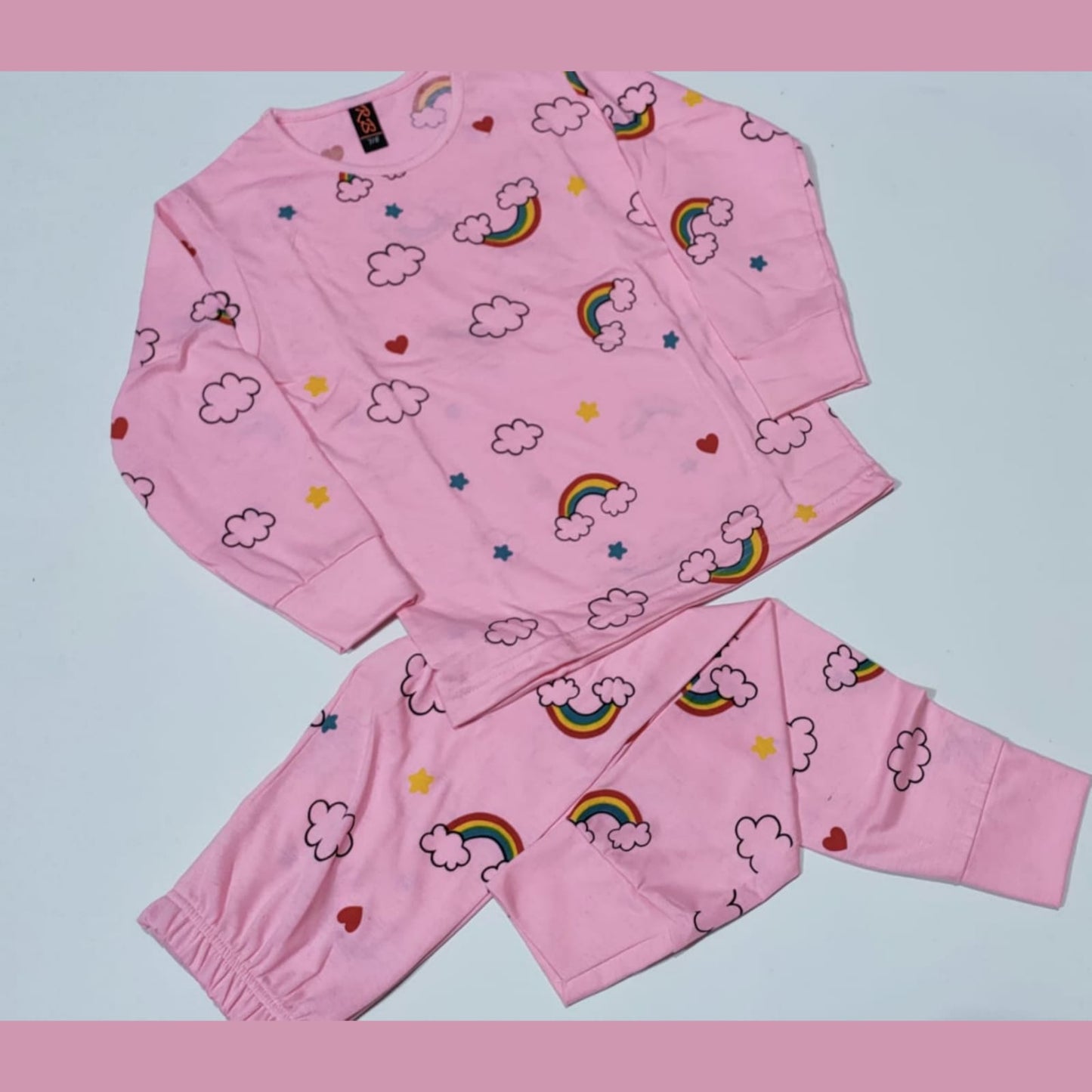Baby or Baba Pink Rainbow Print Full Sleeves Night Suit for Kids (1 Pcs) (RX-128)
