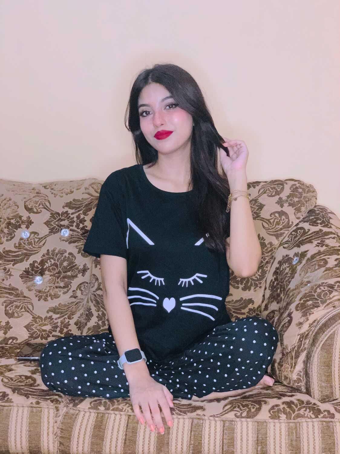 Black Meow Print Half Sleeves T-shirt With Dotted Pajama Night Suit (RX-02)