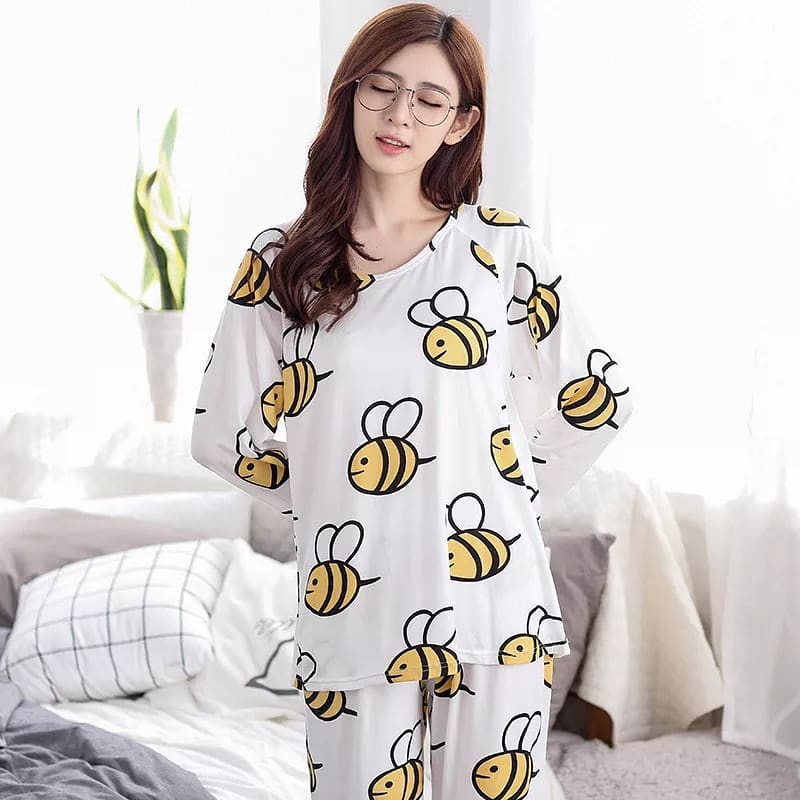 White Honey Bee print Full Sleeves Night Suit for Her (RX-16)
