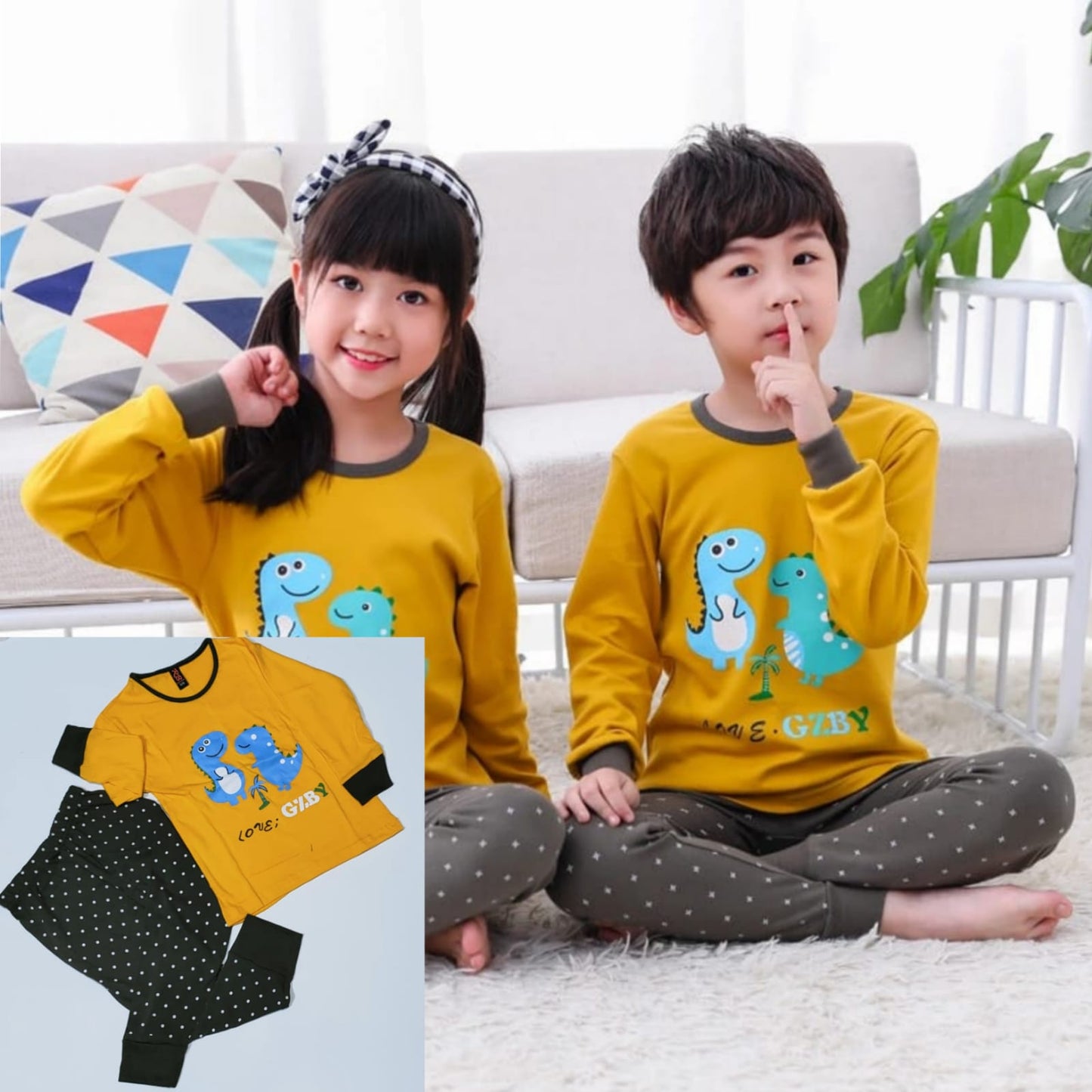 Baby or Baba Yellow Dinosaur with Dotted Pajama Print Full Sleeves Night Suit for Kids (1 Pcs) (RX-125)