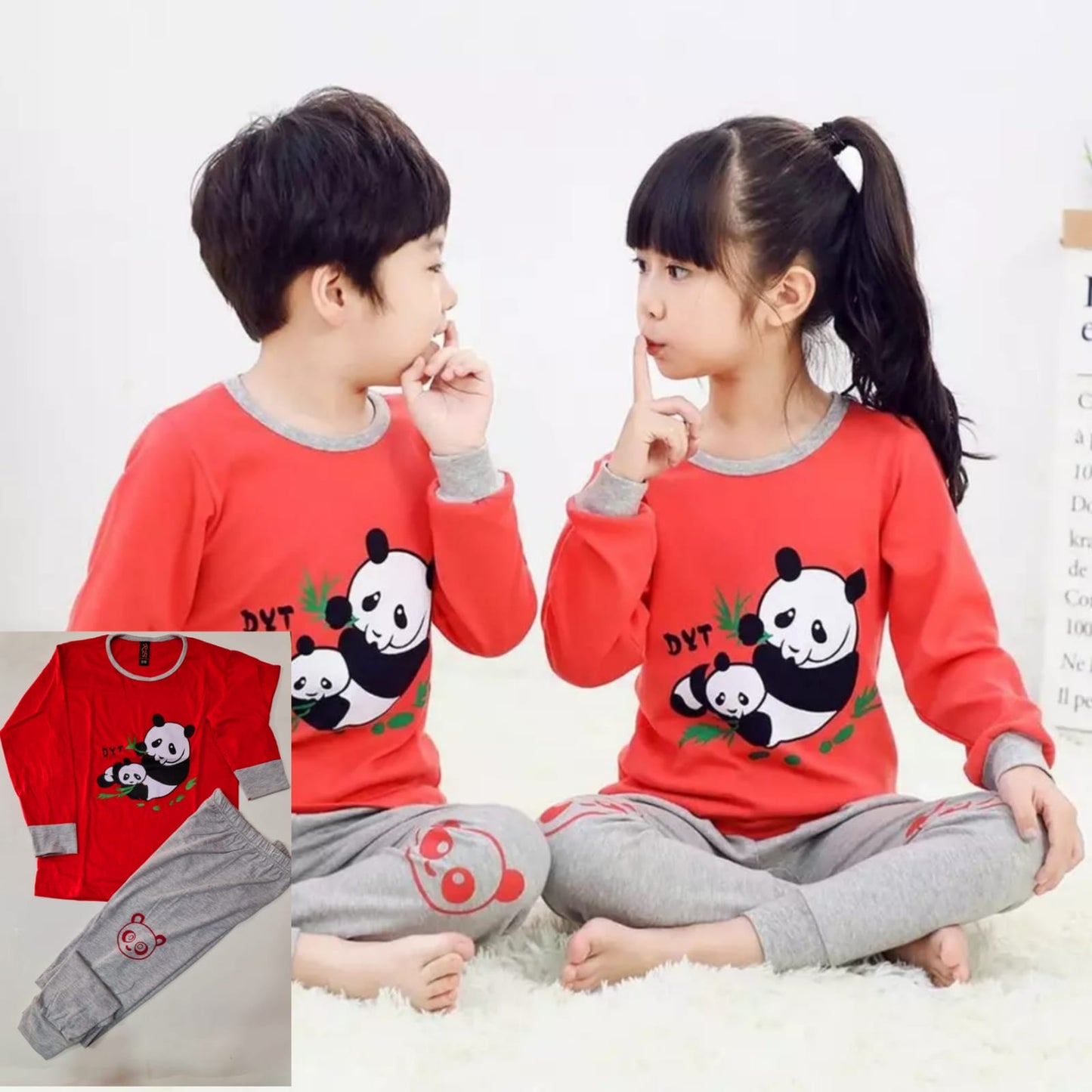 Baby or Baba Red and Grey Panda Print Full Sleeves Night Suit for Kids (1 Pcs) (RX-119)