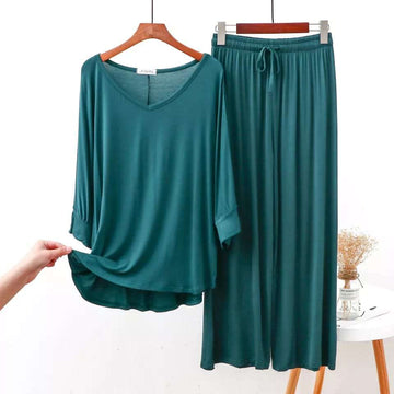 Plain Green V Neck T shirt with Green Palazzo Pajama Night Suit for Her (RX-90)