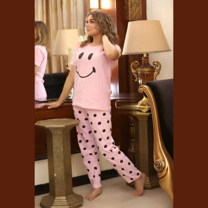 Pink Smile with Dotted Style Pajama Half Sleeves Night Suit for her (RX-21)