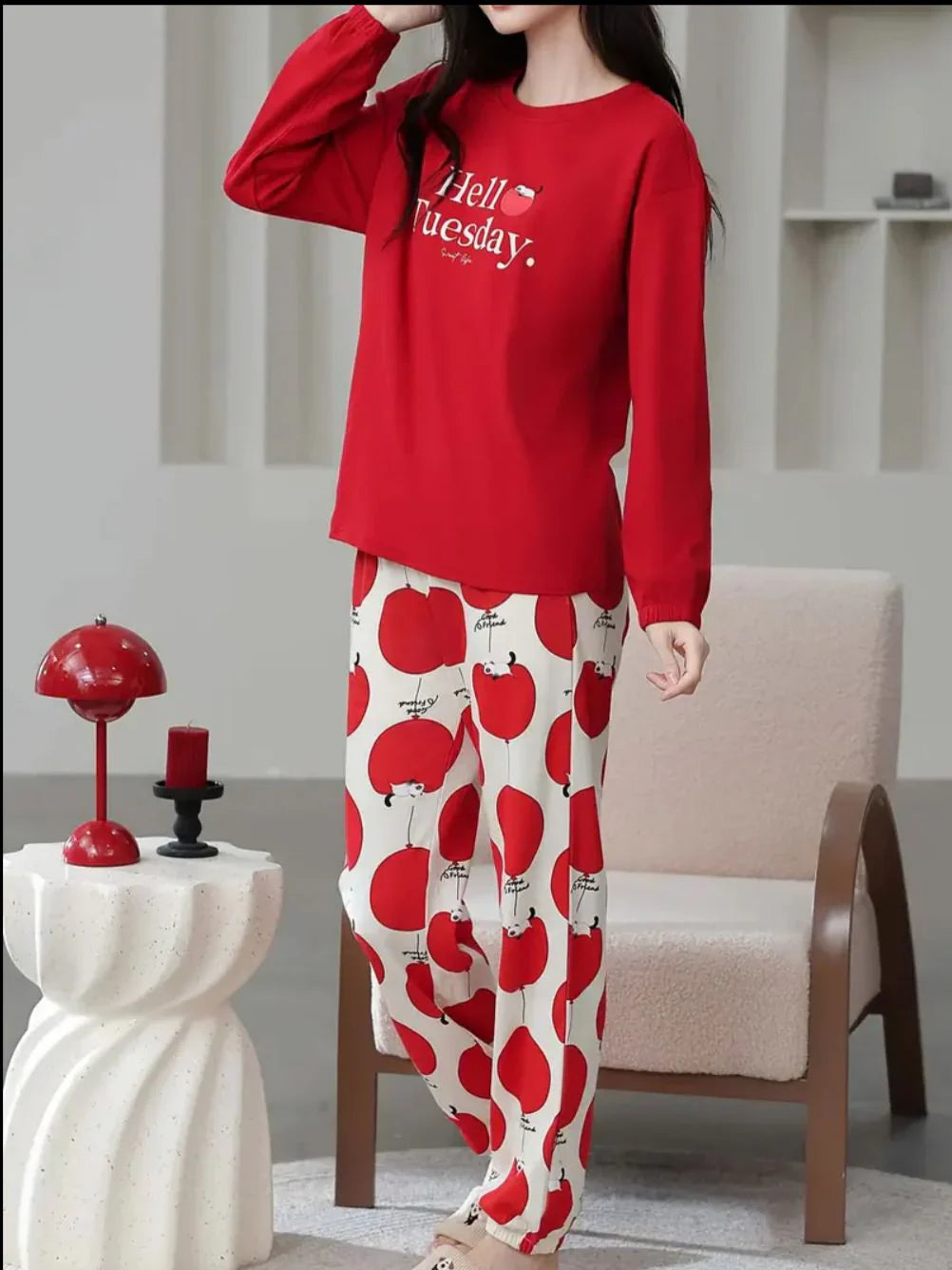 Red Hello Tuesday Printed Full Sleeves Pj The Ultimate Dream Wear Sleep Suit (RX-333)
