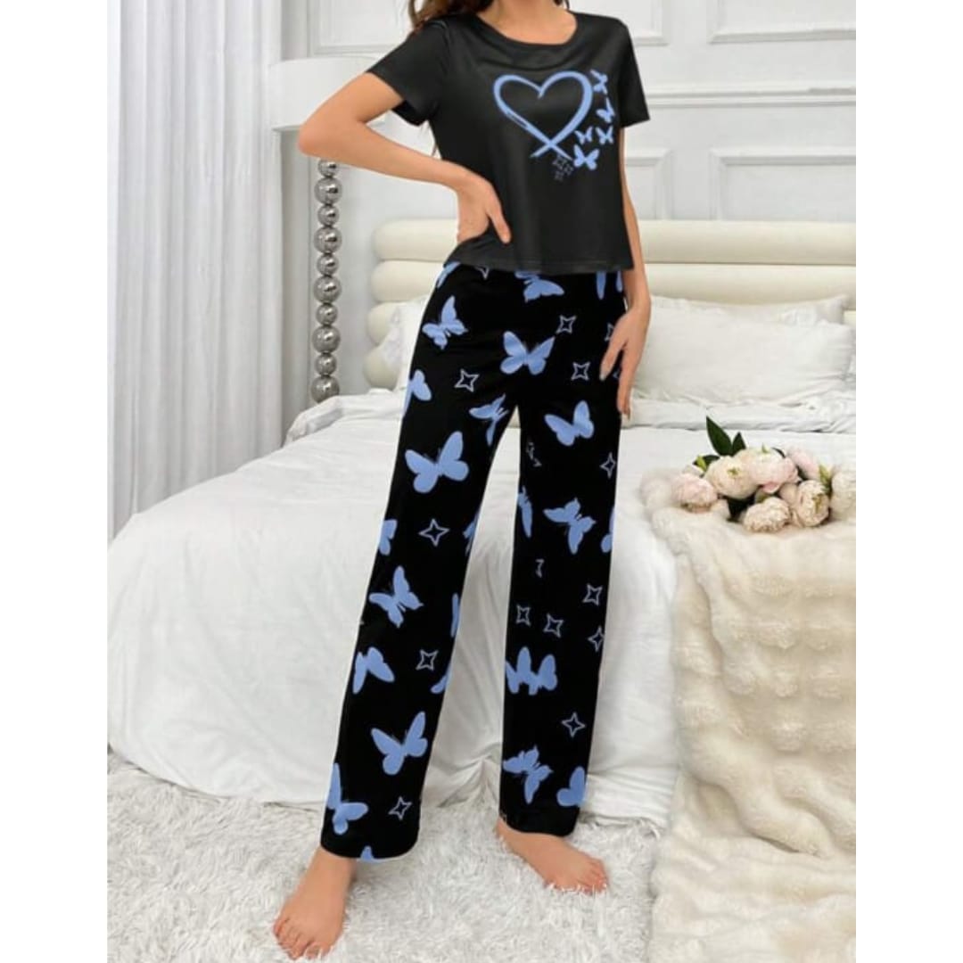 Black With Blue Butterflies Heart Printed T-shirt And Butterflies Printed Trouser Suit (RX-182)