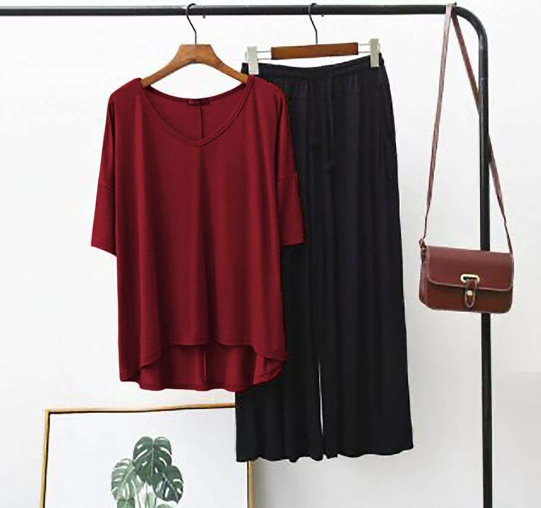 Maroon V Neck T shirt with Black Palazzo Pajama Night Suit for Her (RX-86)