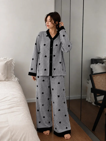 Black Linning Hearts Stripe Printed V-Neck Button PJ Set For Her (RX-592)