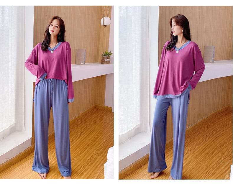 Shocking Pink with Blue V Neck with Blue Contrast Palazzo Pajama Full Sleeves Night Suit for Her (RX-73)
