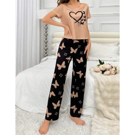 Brown With Black Butterflies Heart Printed T-shirt And Butterflies Printed Trouser Suit (RX-183)