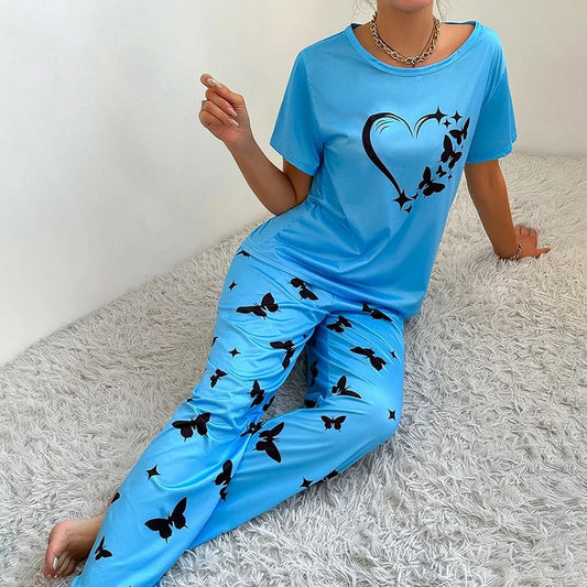 Blue With Butterflies Heart Printed T-shirt And Butterflies Printed Trouser Suit (RX-152)