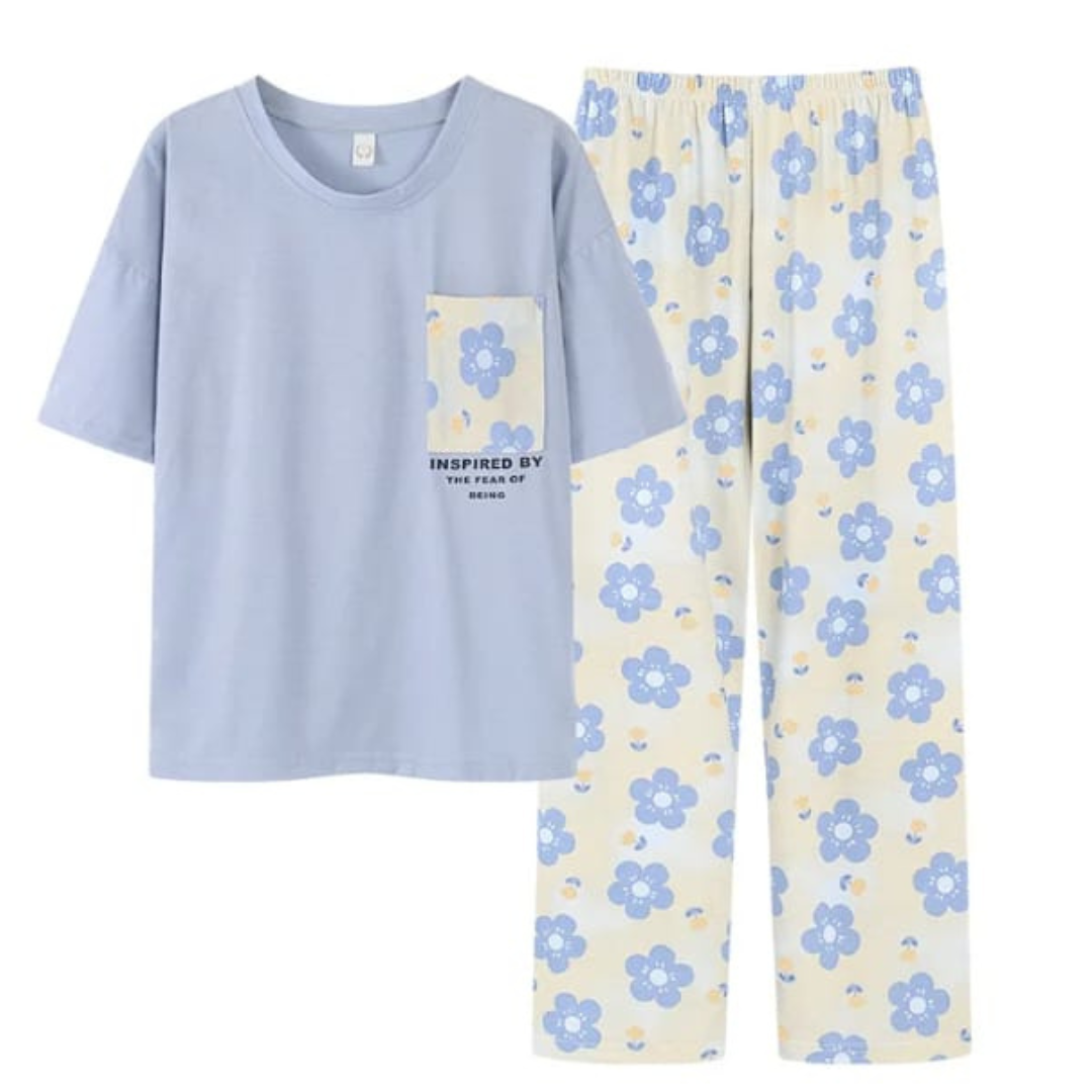 Blue Flower Pocket Print Half Sleeves T-shirt With Flowers Print Pajama Suit (RX-220)