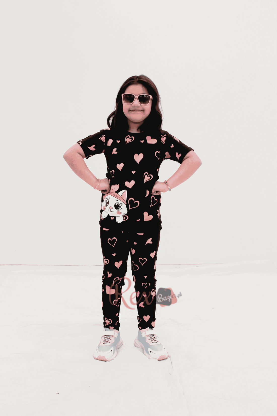 Black Kitty With Pink Hearts Print Kids Night Suit (RX-241)