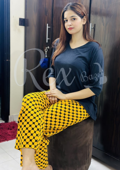 Black V Neck With Yellow Black Dotted Plazzo Pajama Suit (RX-103)