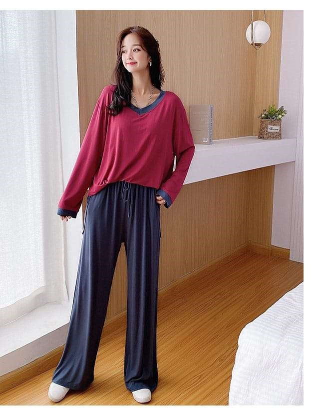 Red with Blue V Neck with Blue Contrast Palazzo Pajama Full Sleeves Night Suit for Her (RX-273)