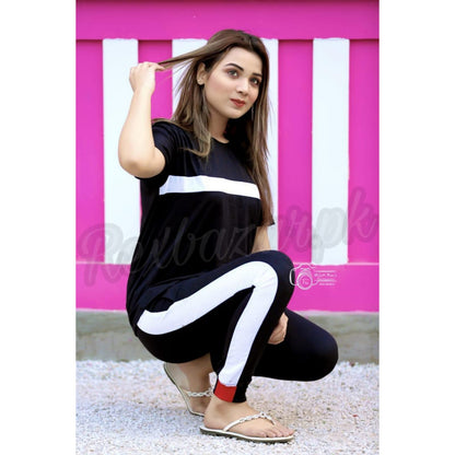 Black and White Stylish Printed Half Sleeves T Shirt with Panel Pajama Suit for her (RX-144)