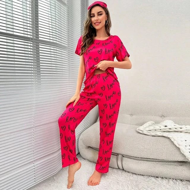 Shocking Pink Love Printed T-shirt And Trouser Suit (RX-148)