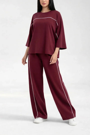 Maroon with White lining Plain plazzo night suit for her (RX-484)
