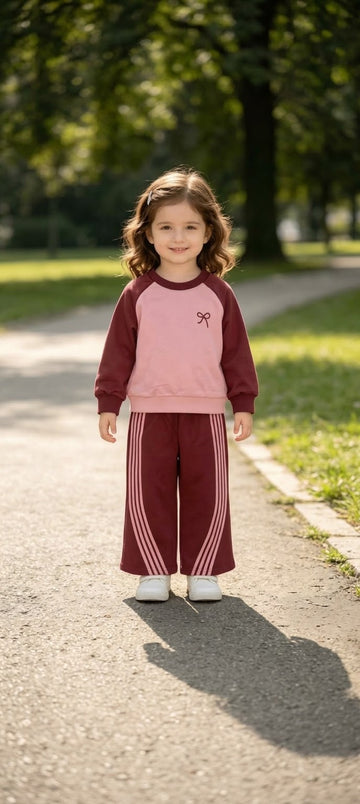 Maroon And Pink Sweat Shirt With Pink Stripes Kids Track Suit (RX-610)