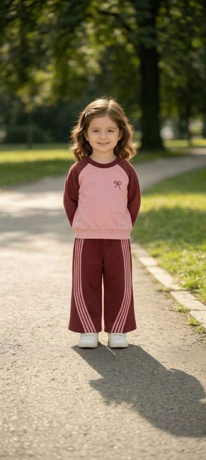 Maroon And Pink Sweat Shirt With Pink Stripes Kids Track Suit (RX-610)