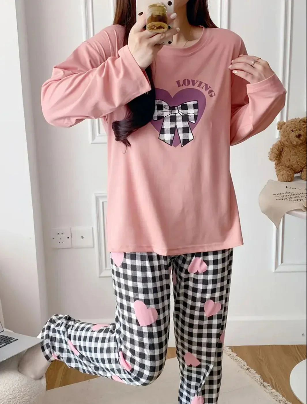 Baby Pink Loving with Check Ribbon Printed Full Sleeves PJ The Ultimate Dream Wear Sleep Suit(RX-332)