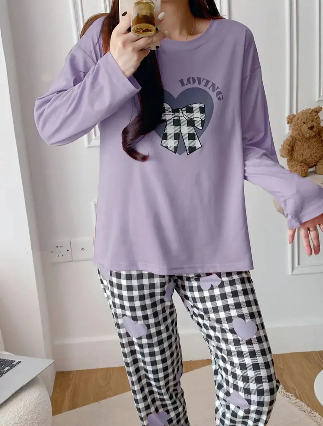 Lilac Loving with Check Ribbon Printed Full Sleeves PJ The Ultimate Dream Wear Sleep Suit (RX-331)
