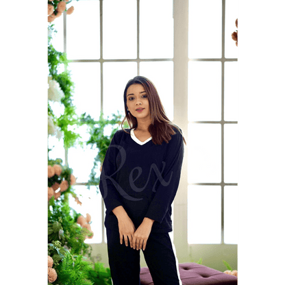 Plain Black with White V Neck with White Panel Pajama Full Sleeves Suit for Her (RX-53)