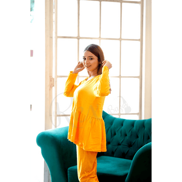 Plain Yellow Frill Style with Palazzo Style Pajama Full Sleeves Suit for Her (RX-51)