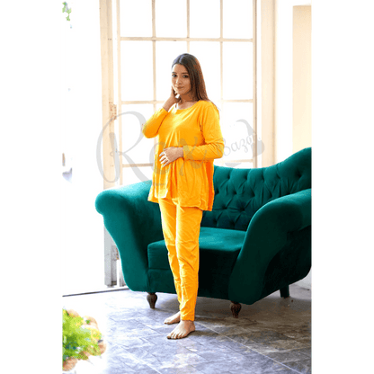 Plain Yellow Frill Style with Palazzo Style Pajama Full Sleeves Suit for Her (RX-51)