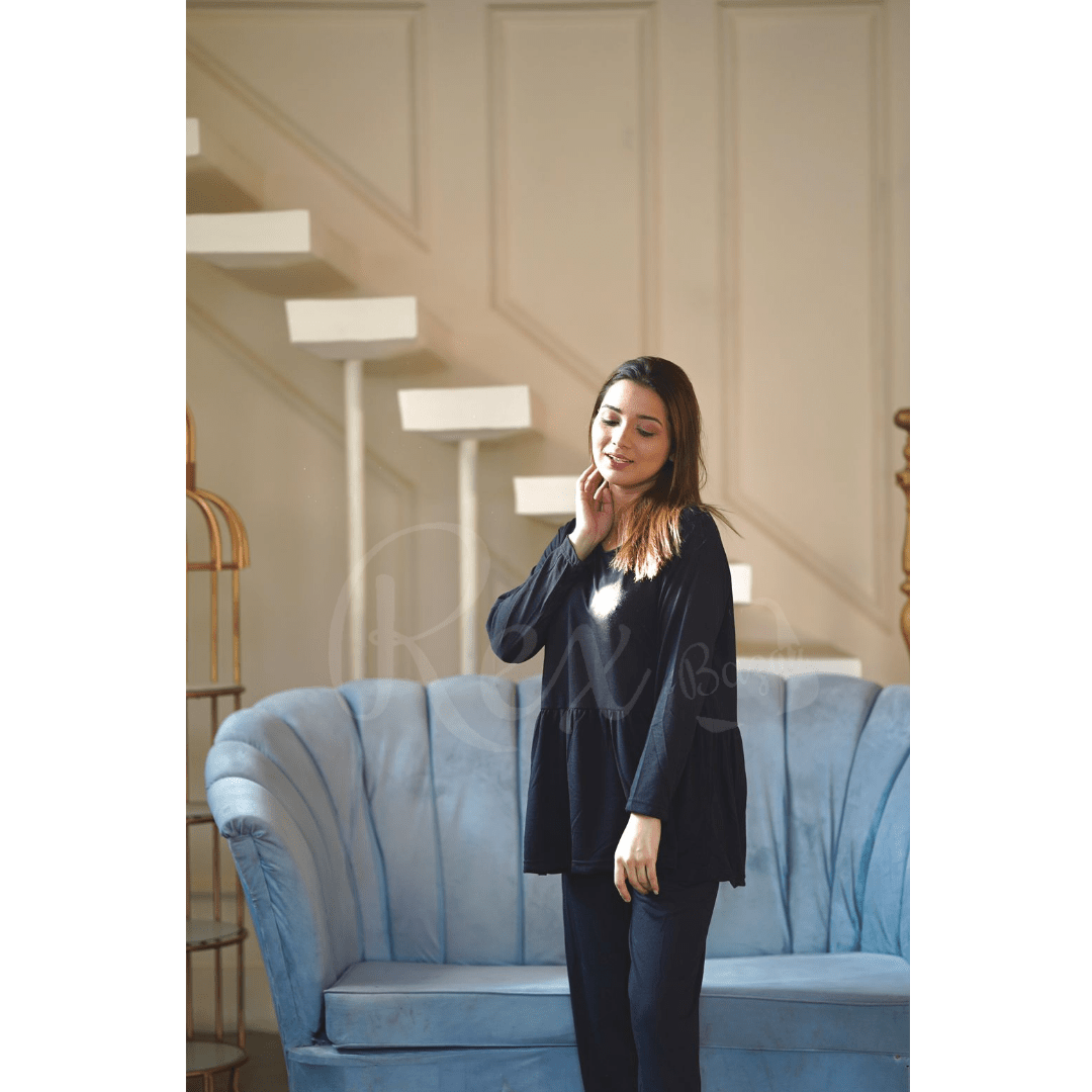 Plain Black Frill Style with Palazzo Style Pajama Full Sleeves Suit for Her (RX-50)