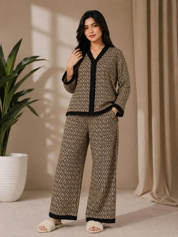 Signature Monogram Printed button style night suit For her (RX-521)