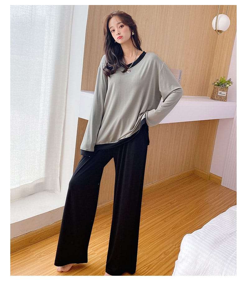 Grey with Black V Neck with Black Contrast Palazzo Pajama Full Sleeves Night Suit for Her (RX-74)