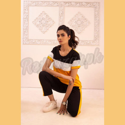 Yellow Straight Panel Half Sleeves T Shirt with Panel Pajama Suit for Her (RX-141)