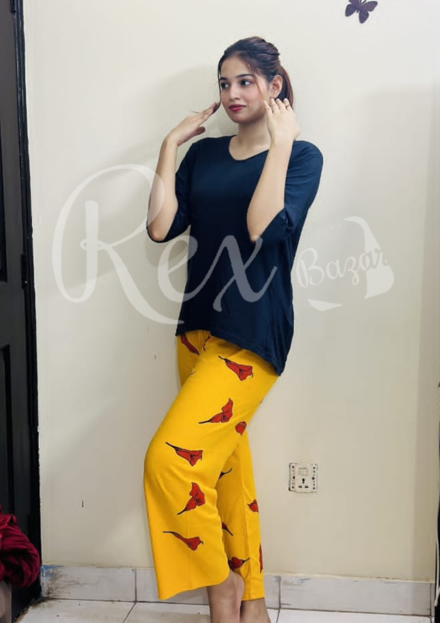 Black V neck With Yellow Flowers Plazzo Pajama Suit (RX-101)
