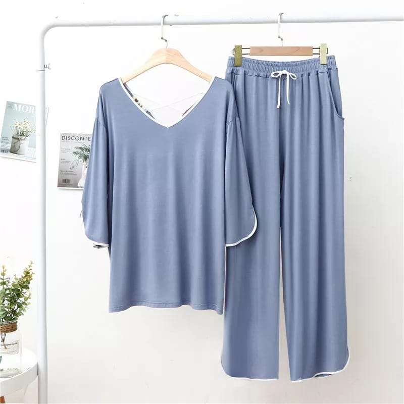 Plain Blue with White Lace V Neck with Palazzo Pajama Full Sleeves Night Suit for Her (RX-77)