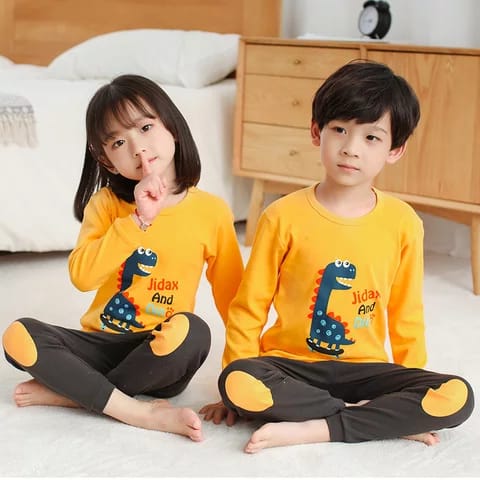 Baby or Baba Yellow and Grey Single DINO Print Night Suit for Kids (1 Pcs)  (RX-116)