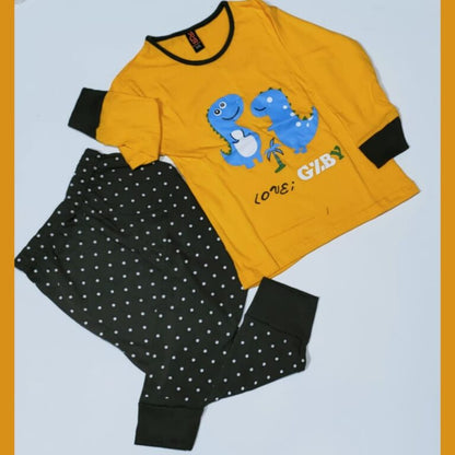 Baby or Baba Yellow Dinosaur with Dotted Pajama Print Full Sleeves Night Suit for Kids (1 Pcs) (RX-125)