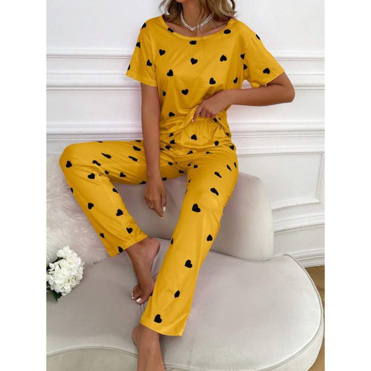 Yellow With Black Hearts Print Half Sleeves T-shirt With Hearts Printed Trouser Suit (RX-185)