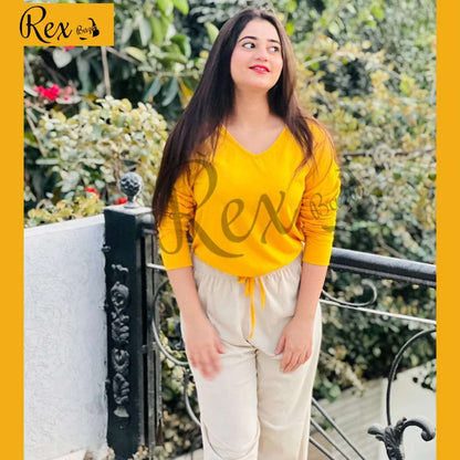 Plain Yellow V neck with Skin Palazzo Style Pajama Full Sleeves Suit for Her (RX-63)