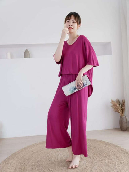 Plain Shocking Pink V Neck Quarter Sleeves with Cut Style Pajama Night Suit for Her (RX-83)